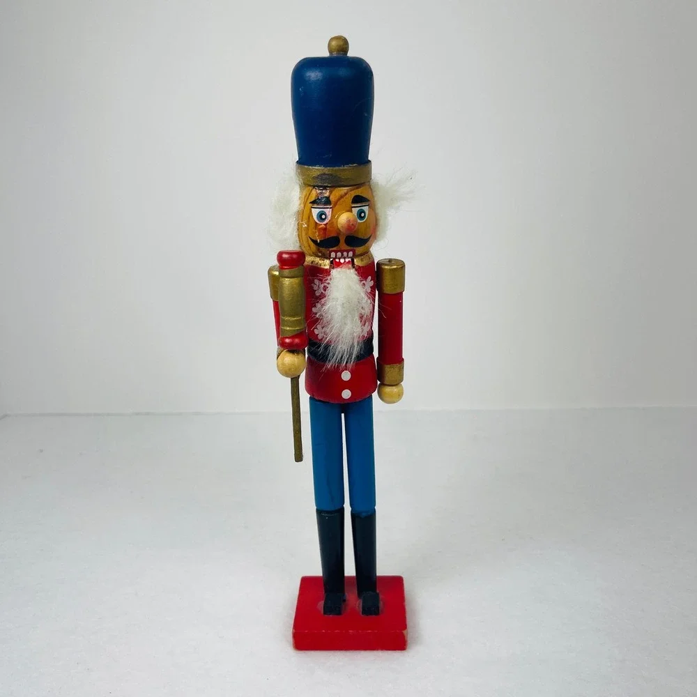 Vintage Wooden Nutcracker Soldier Red Blue Uniform Christmas Decor 9 Inch